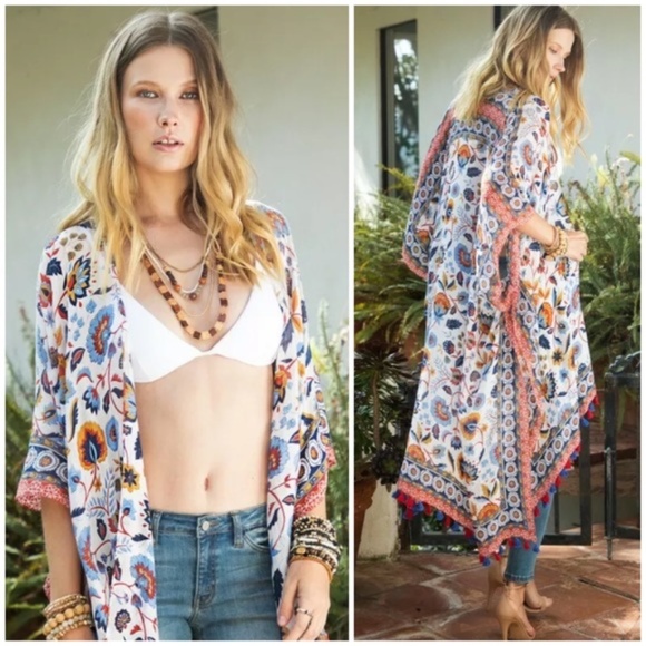Accessories - SOLD OUT Persian Vase Floral Print Boho Tassel Kimono Wrap